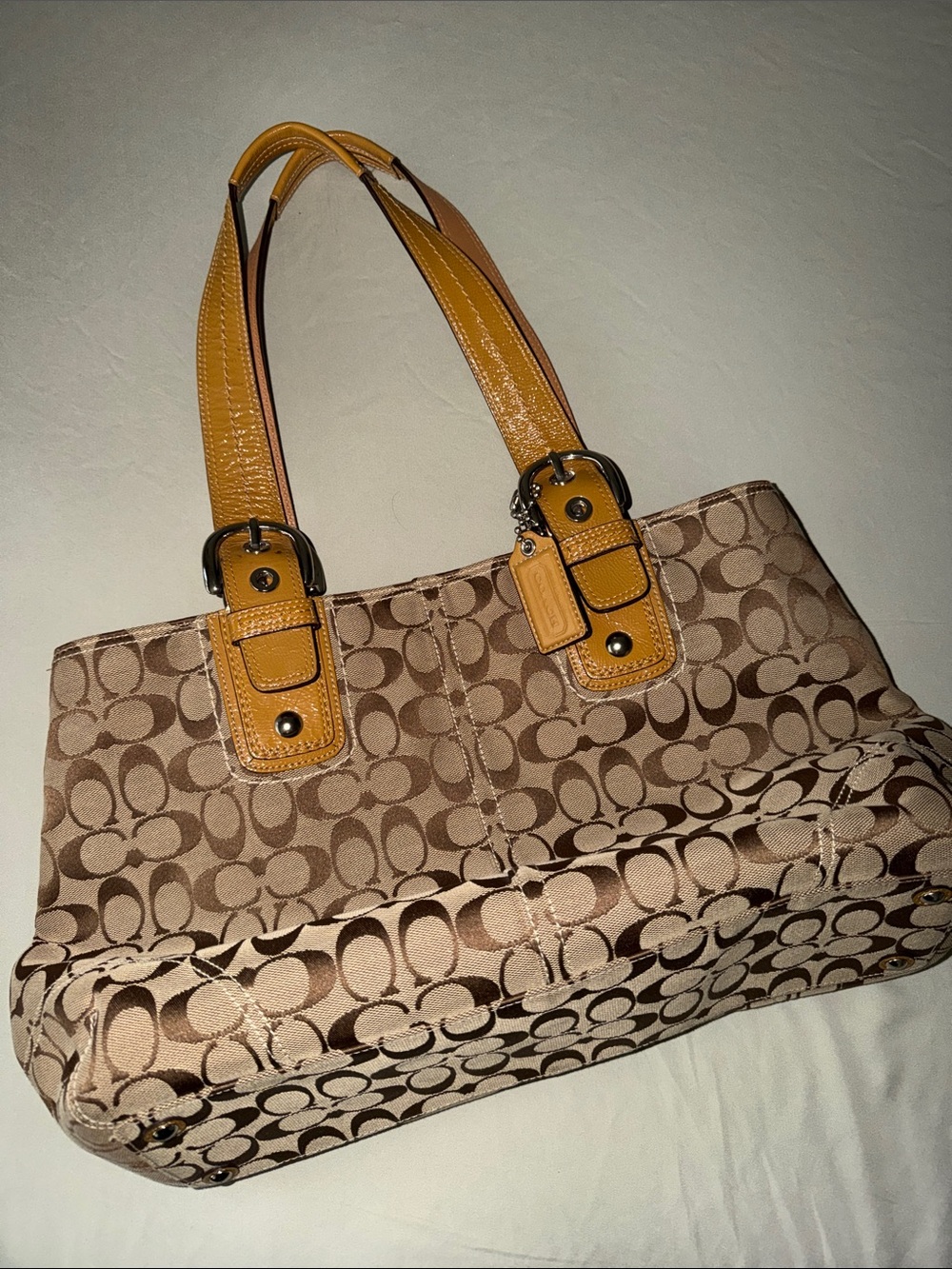 Coach Signature Canvas Shoulder Bag with Mustard Leather Handles